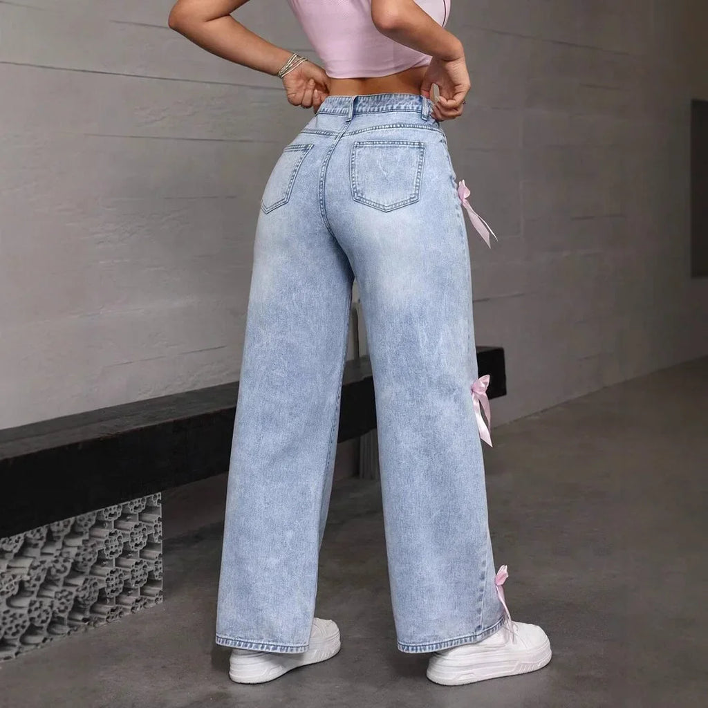Women's Bow Washed Wide Leg Jeans