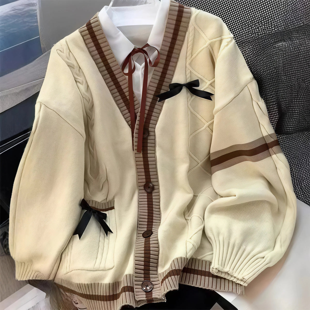 Bow-Decor Cable-Knit Cardigan