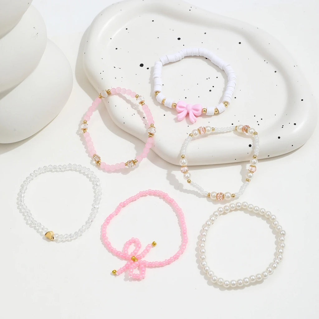 Women's Pearl & Bow Beaded Bracelet Set (6 Pieces)