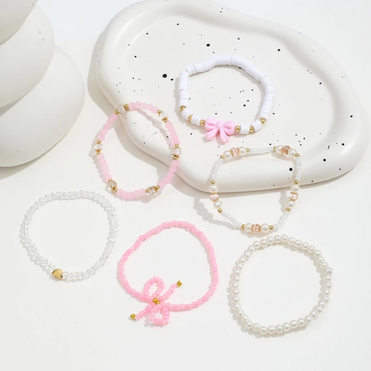Women's Pearl & Bow Beaded Bracelet Set (6 Pieces)