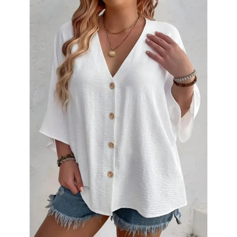 Plus Size Loose V-Neck Long-Sleeve T-Shirt