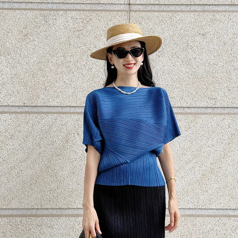 Cyan Pleated Asymmetric Top