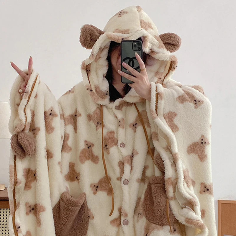 Women's Teddy Bear Print Hooded Plush Robe