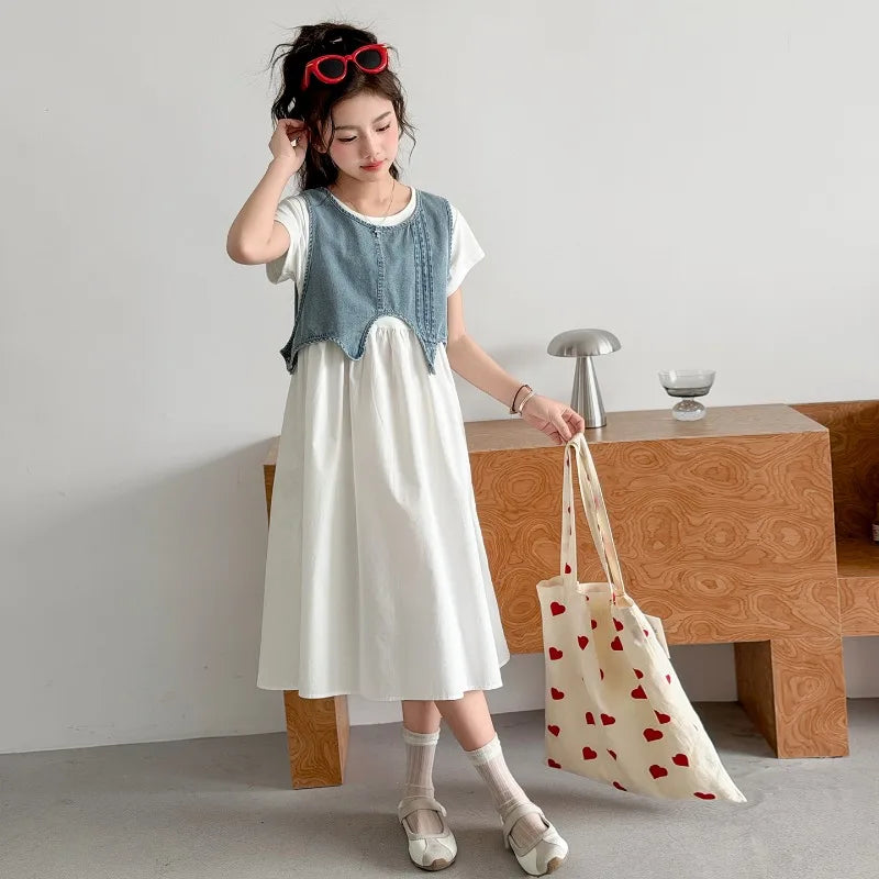 Girls' Dress & Denim Vest Set – Cute Two-Piece Kids Outfit