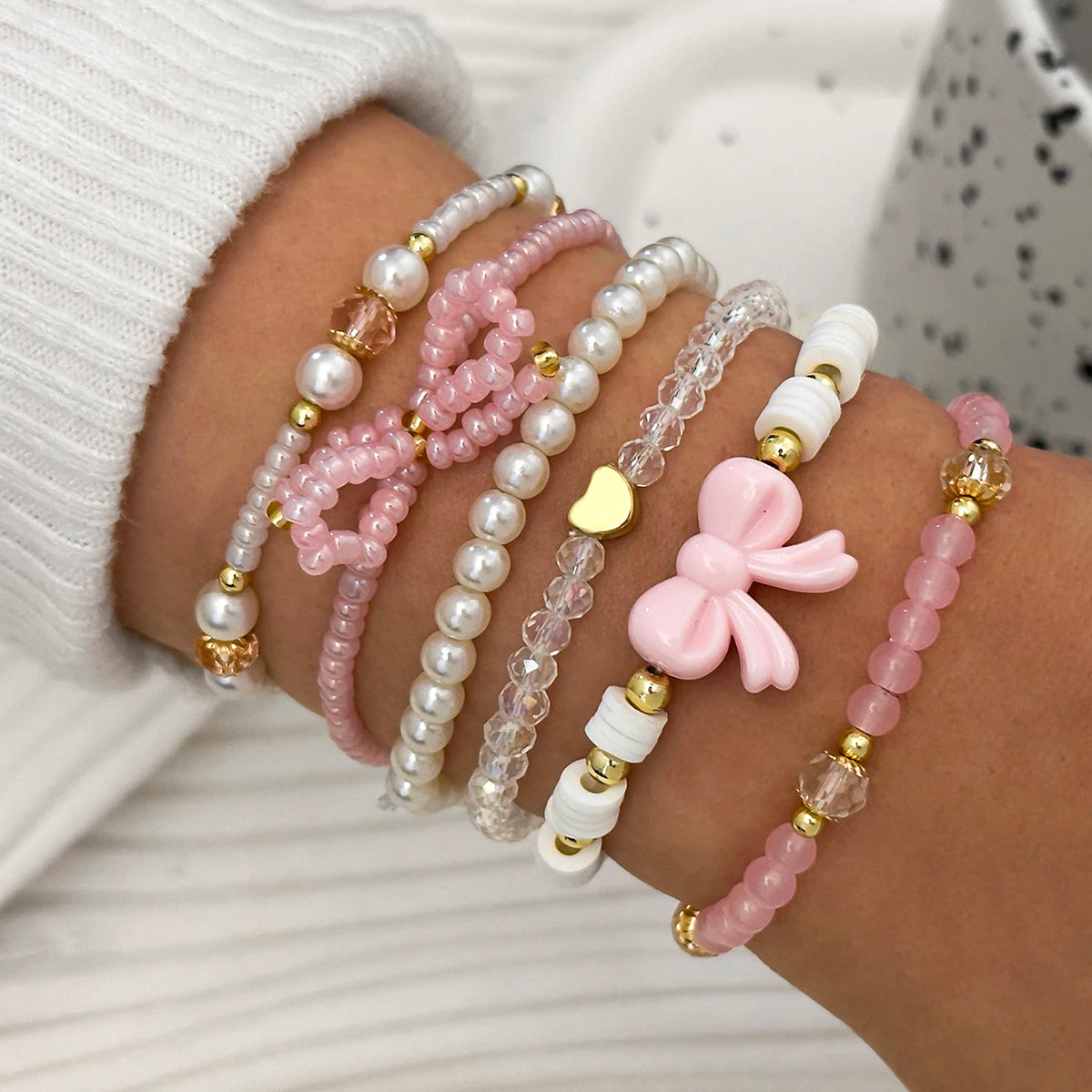 Women's Pearl & Bow Beaded Bracelet Set (6 Pieces)