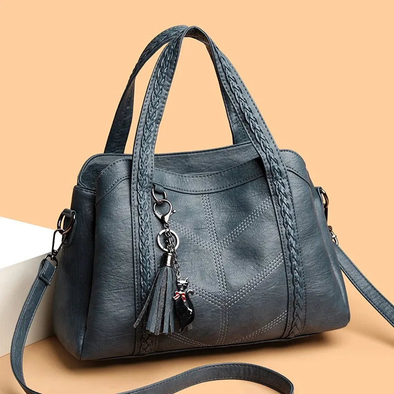 Women's Retro PU Leather Tote with Woven Handles