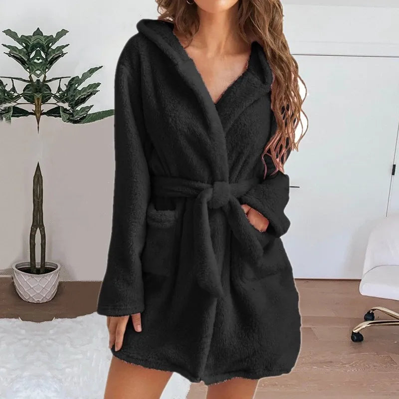 Women's Hooded Fluffy Plush Bathrobe