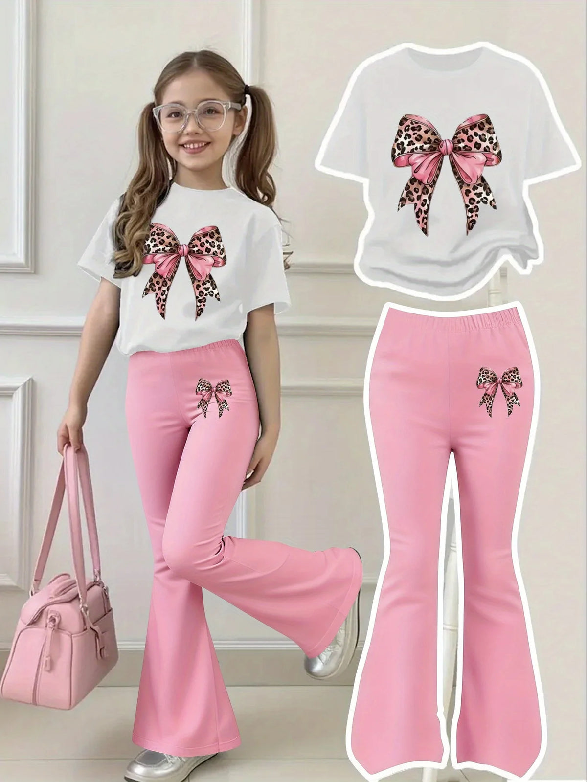 Girls Leopard Bow Top and Bell-Bottom Set