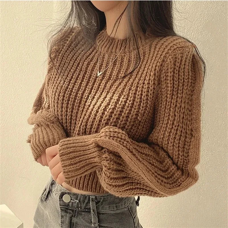 Oversized Lantern-Sleeve Chunky Knit Sweater