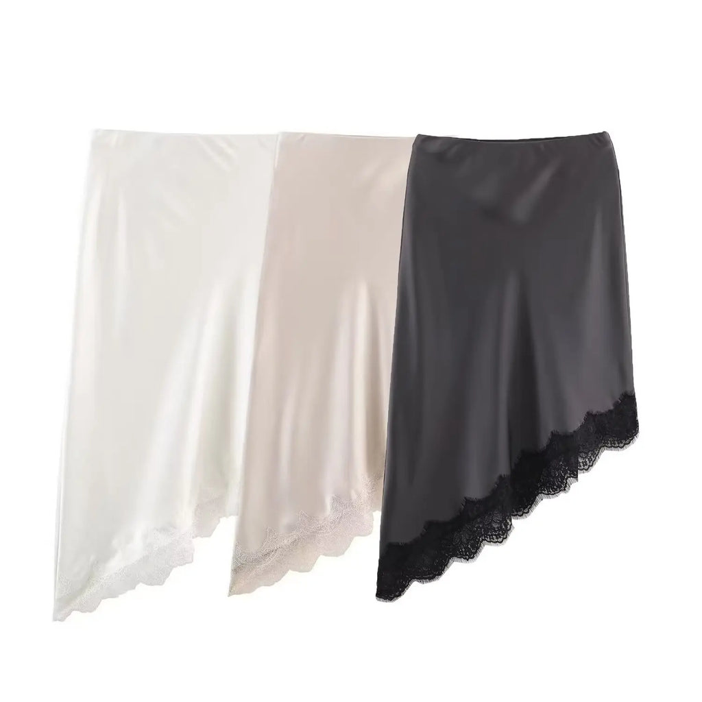 Lace-Trim Satin Midi Skirt
