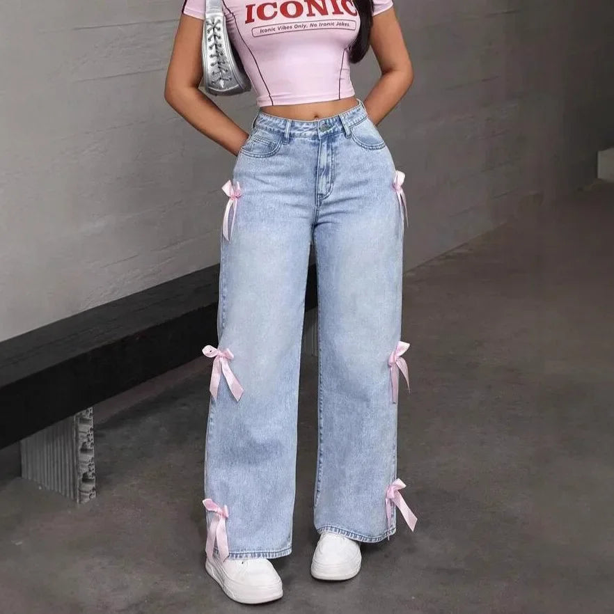 Women's Bow Washed Wide Leg Jeans