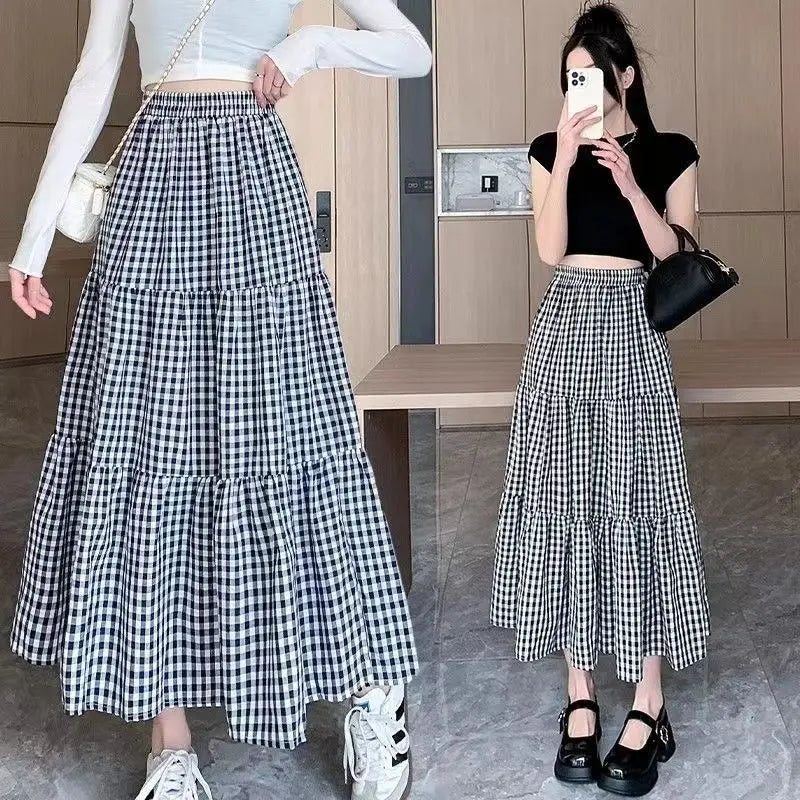 Checkered Patchwork Tiered Midi Skirt
