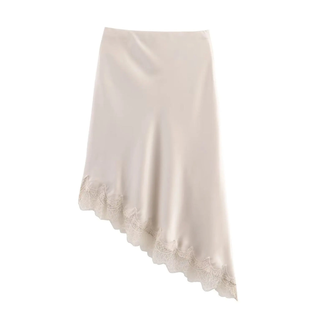 Lace-Trim Satin Midi Skirt