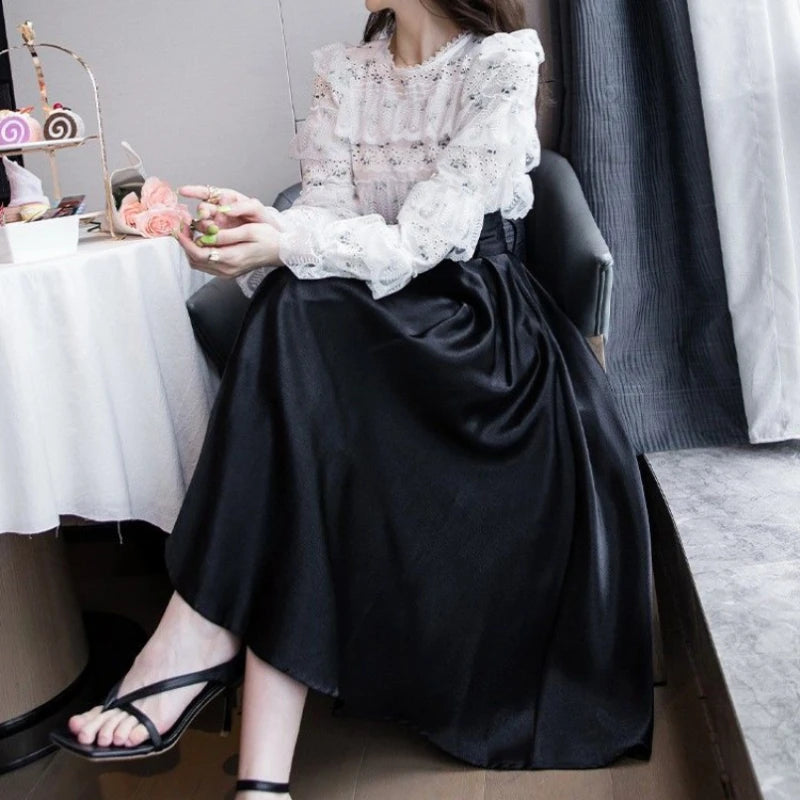 Women's Black High-Waist Midi Skirt