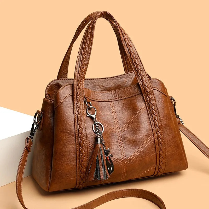 Women's Retro PU Leather Tote with Woven Handles