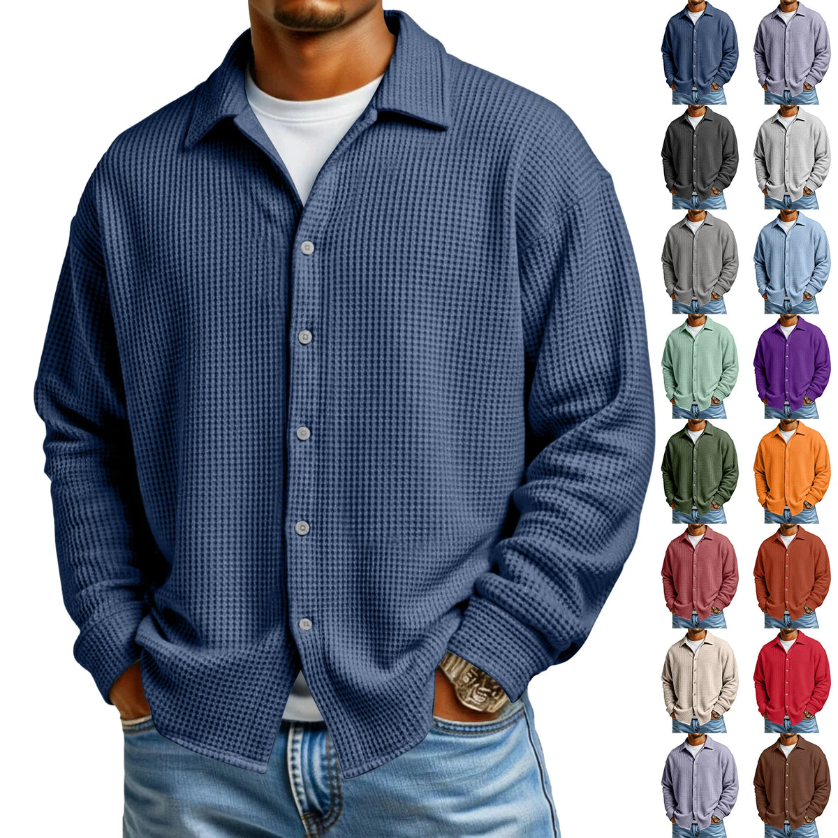 Men's Waffle Texture Button-Down Shirt