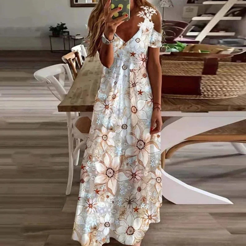 Women's White Lace Floral Maxi Dress – Elegant Boho Style