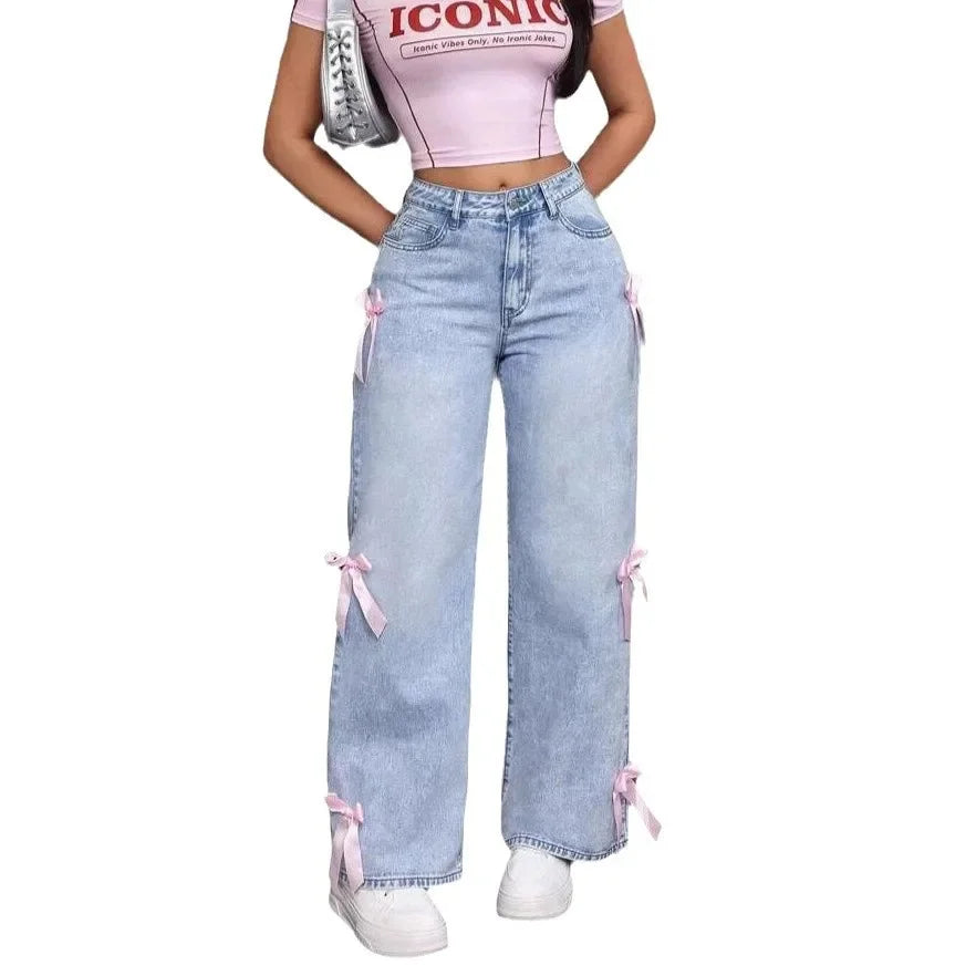 Women's Bow Washed Wide Leg Jeans