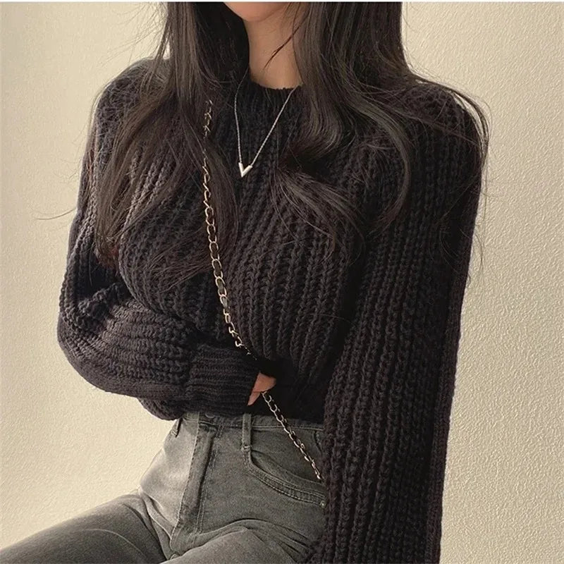 Oversized Lantern-Sleeve Chunky Knit Sweater