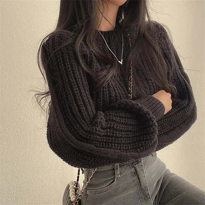 Oversized Lantern-Sleeve Chunky Knit Sweater