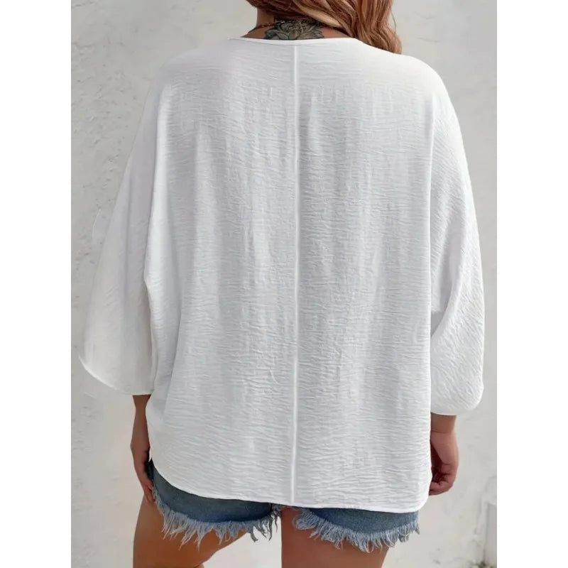 Plus Size Loose V-Neck Long-Sleeve T-Shirt