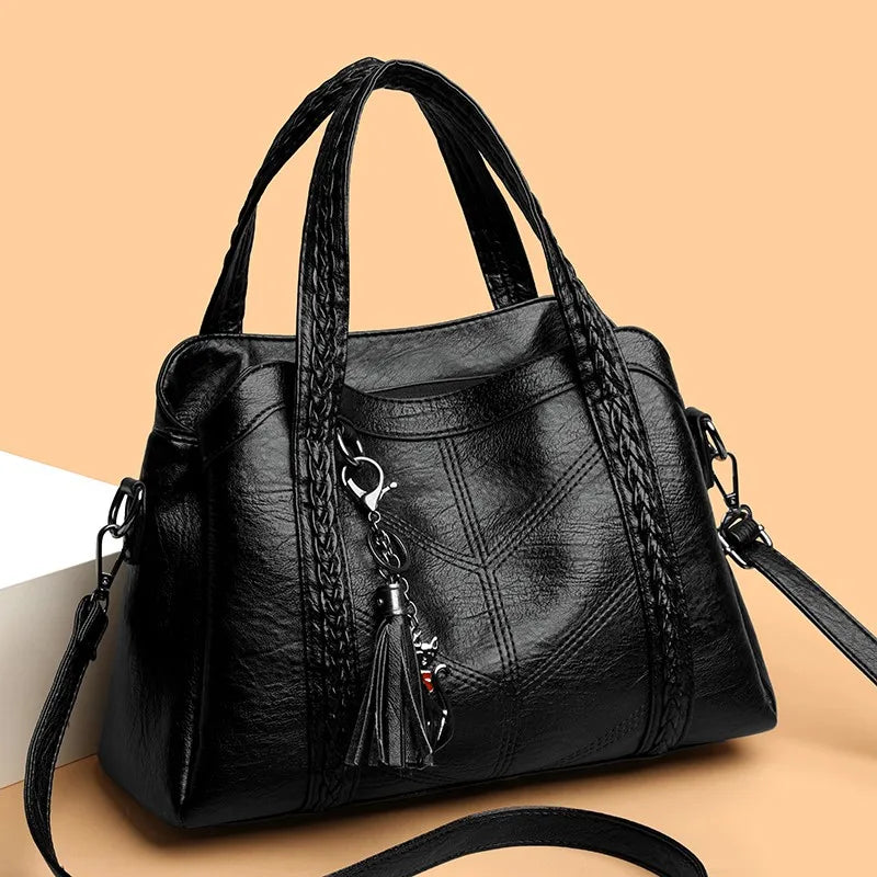 Women's Retro PU Leather Tote with Woven Handles