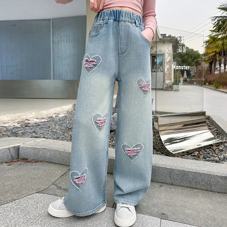Women's Bow Embroidery Wide-Leg Jeans – Cute Casual Denim