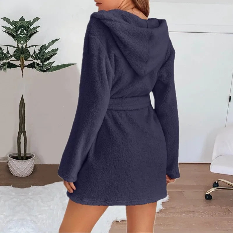 Women's Hooded Fluffy Plush Bathrobe