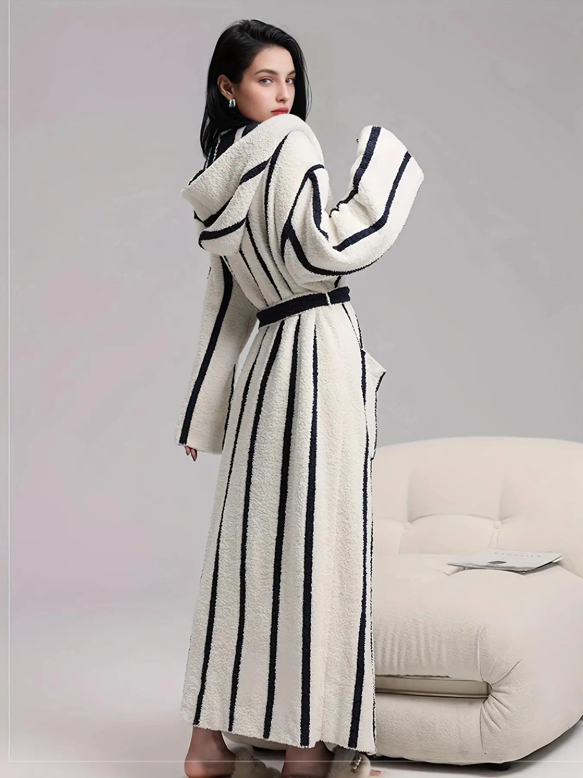 Women's Red & White Striped Hooded Plush Robe