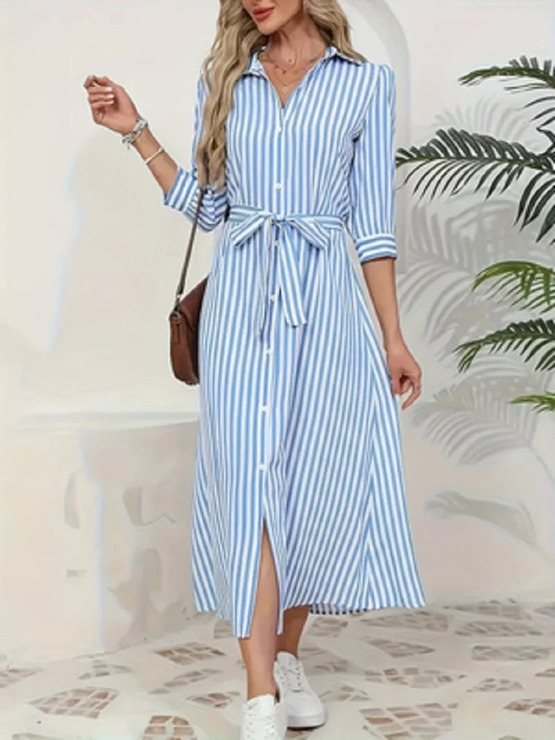 Women's Blue & White Striped Shirt Midi Dress – Casual Chic