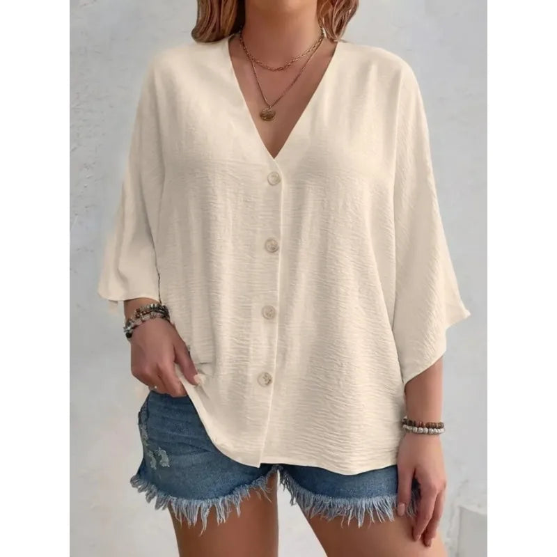 Plus Size Loose V-Neck Long-Sleeve T-Shirt