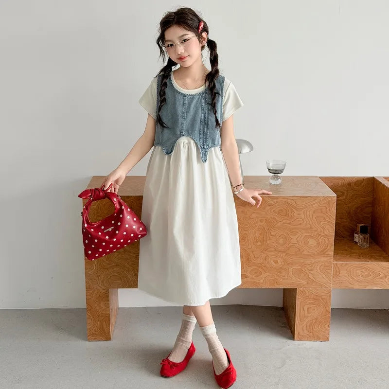 Girls' Dress & Denim Vest Set – Cute Two-Piece Kids Outfit