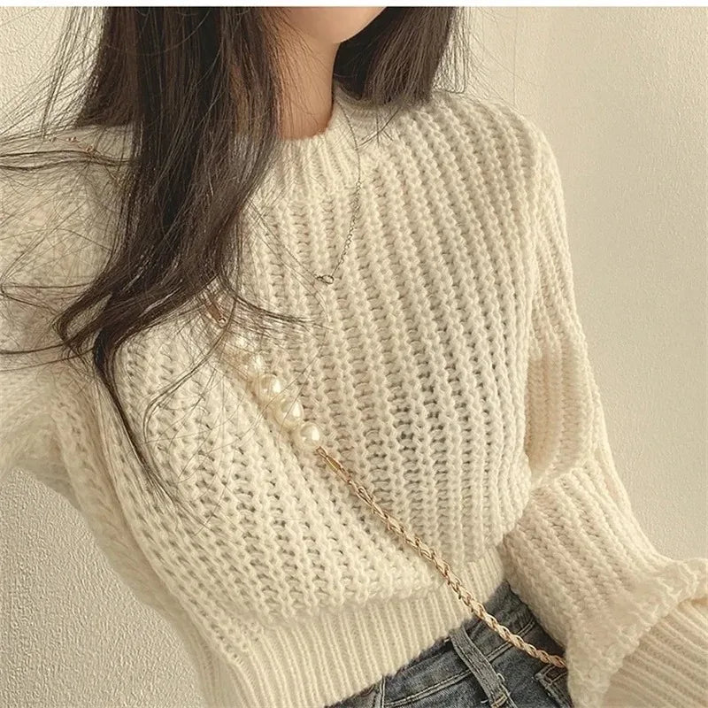 Oversized Lantern-Sleeve Chunky Knit Sweater
