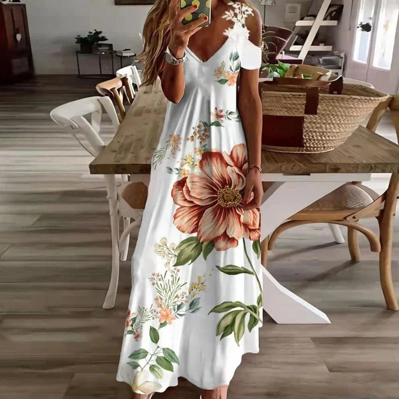 Women's White Lace Floral Maxi Dress – Elegant Boho Style