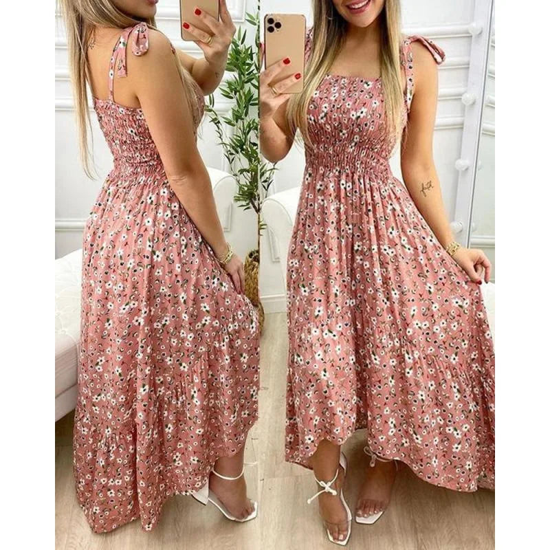 Women's Floral Tie-Strap Maxi Dress – Flowy Boho Summer Dress