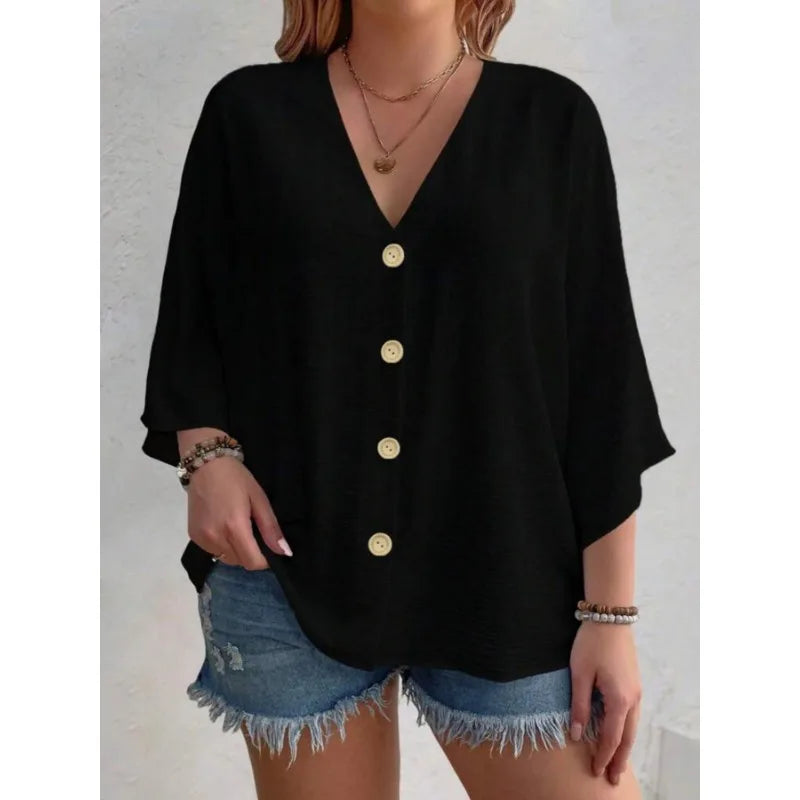 Plus Size Loose V-Neck Long-Sleeve T-Shirt