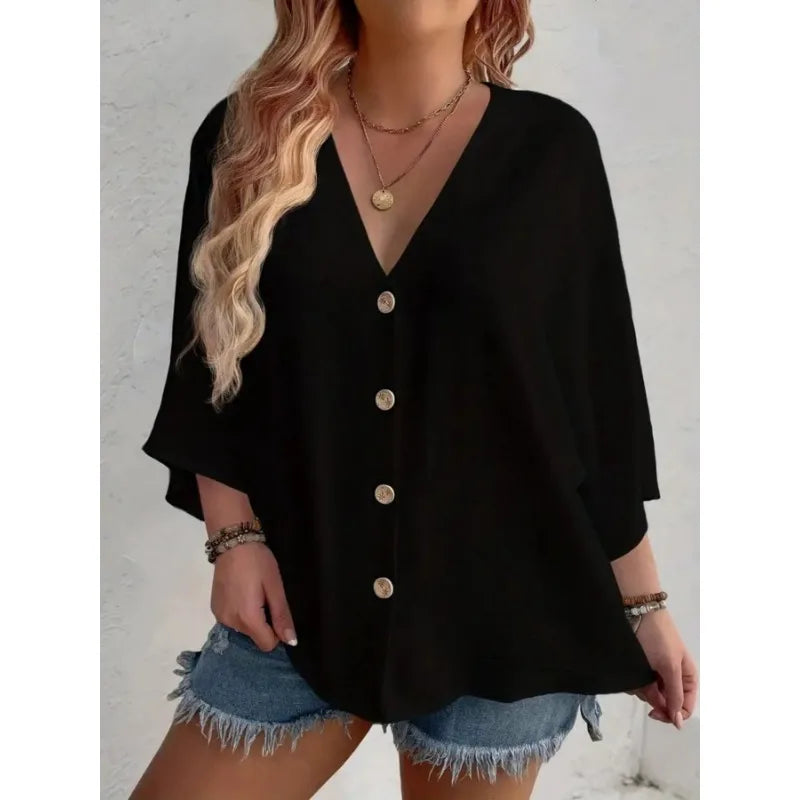 Plus Size Loose V-Neck Long-Sleeve T-Shirt