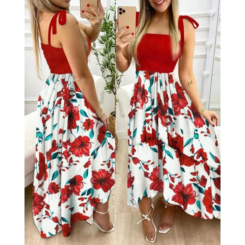 Women's Floral Tie-Strap Maxi Dress – Flowy Boho Summer Dress