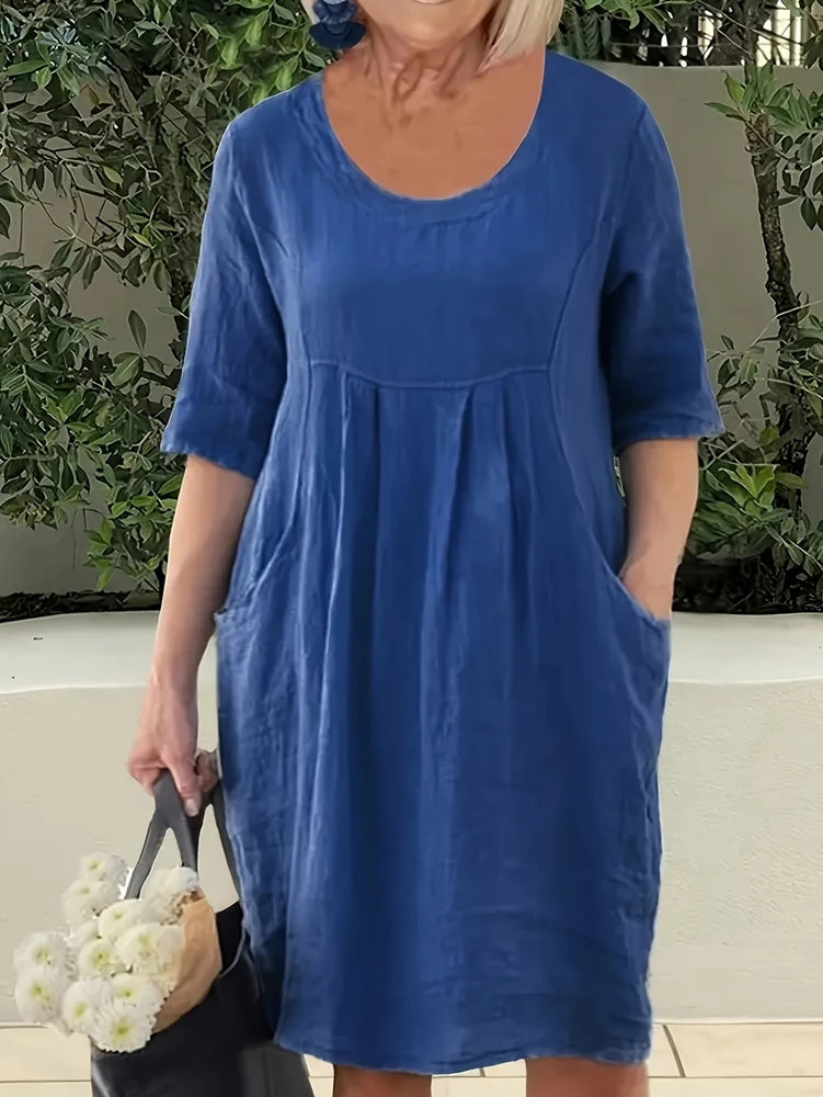 Women's Plus Size Cotton Linen Dress – Casual Pocket Shift Dress