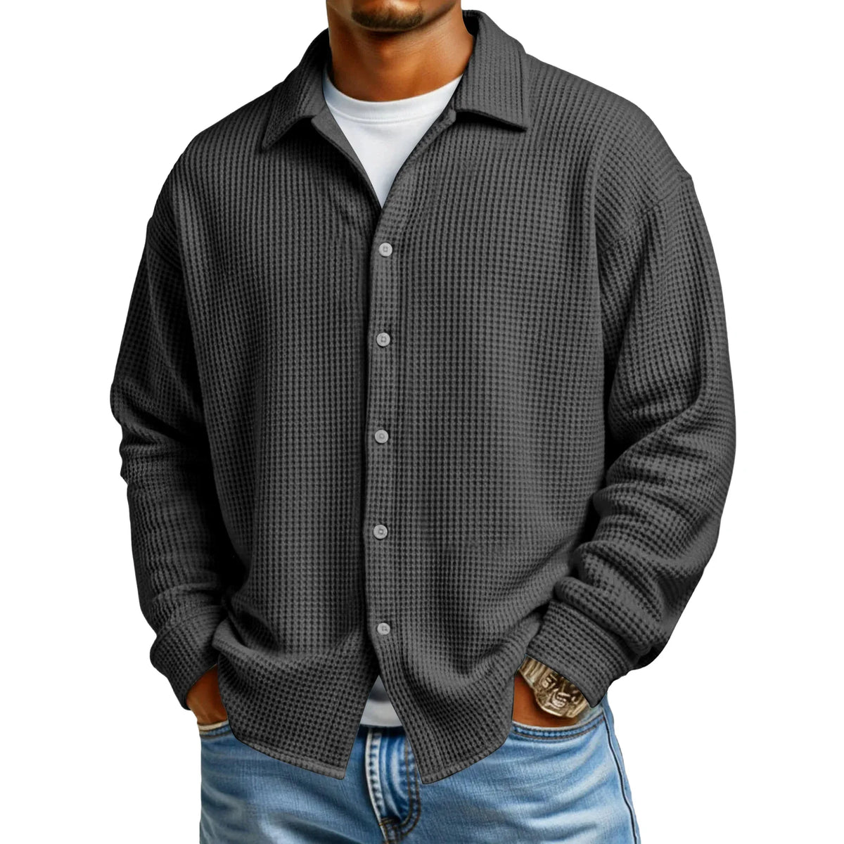Men's Waffle Texture Button-Down Shirt