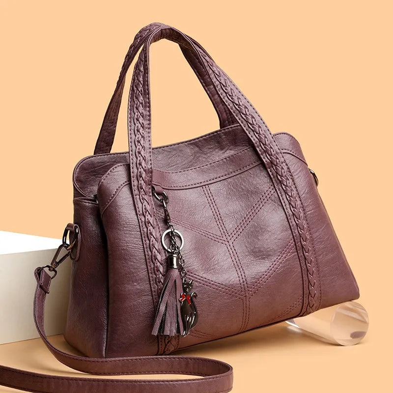 Women's Retro PU Leather Tote with Woven Handles