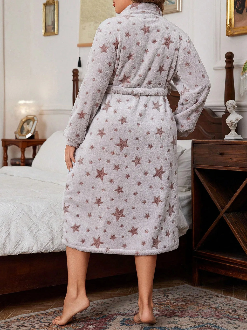 Women's Star-Print Plush Flannel Robe with Belt