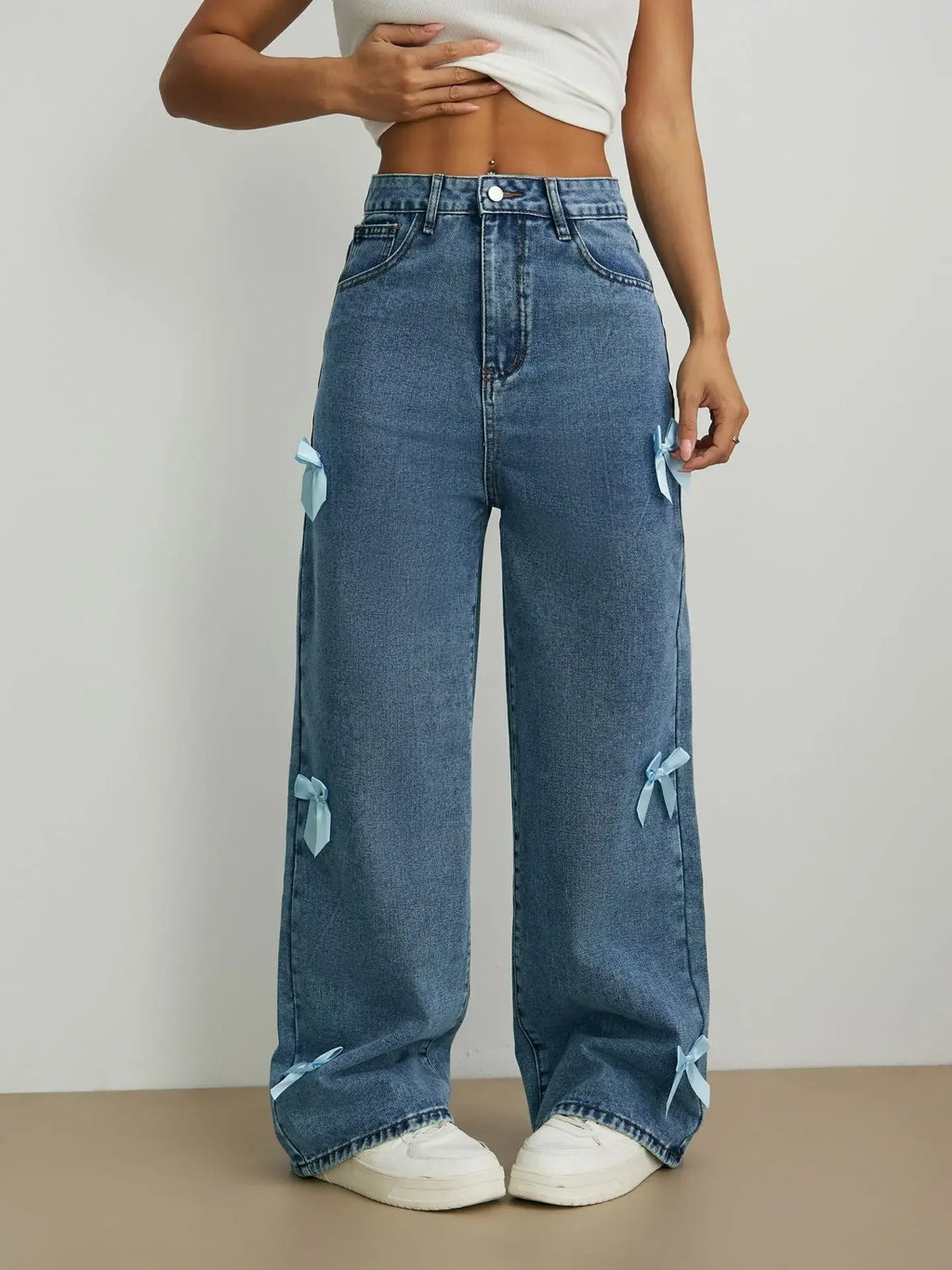 Women's Bow Washed Wide Leg Jeans