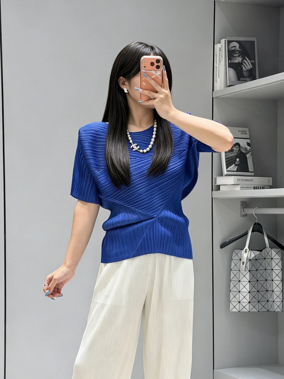 Cyan Pleated Asymmetric Top