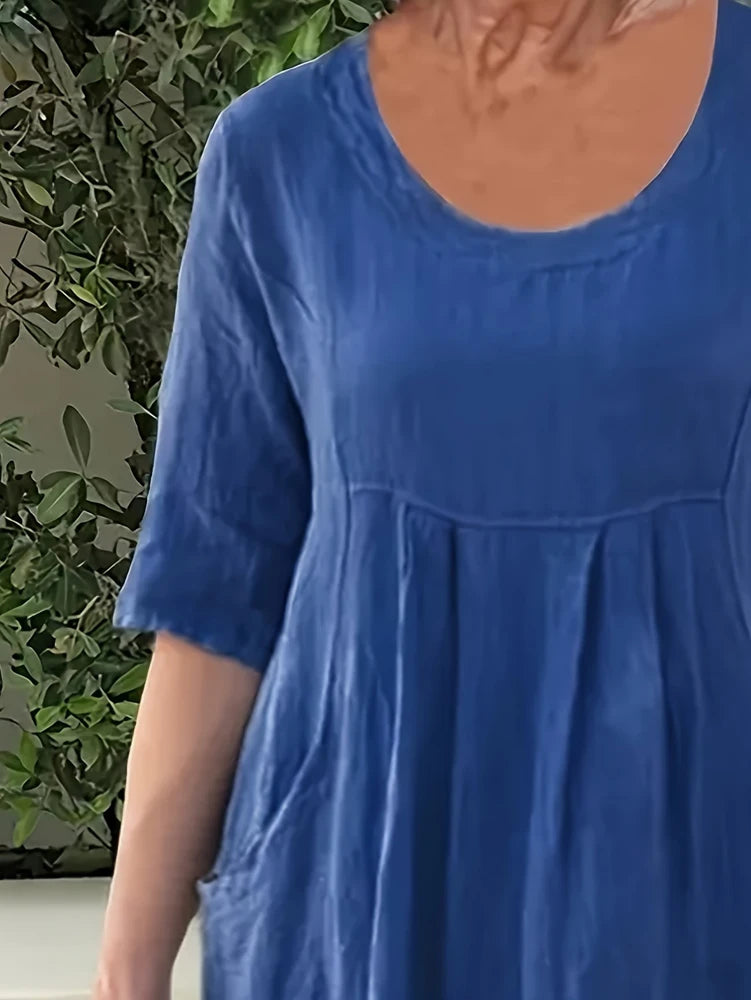 Women's Plus Size Cotton Linen Dress – Casual Pocket Shift Dress