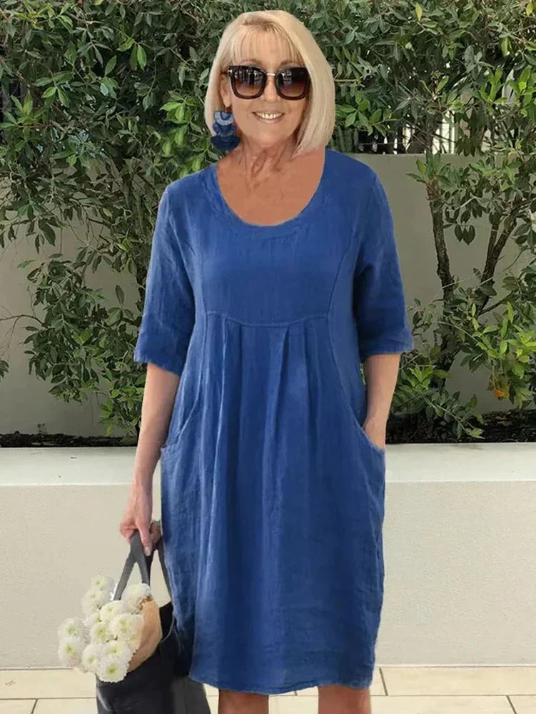 Women's Plus Size Cotton Linen Dress – Casual Pocket Shift Dress