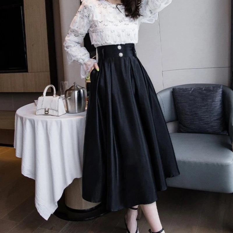 Women's Black High-Waist Midi Skirt