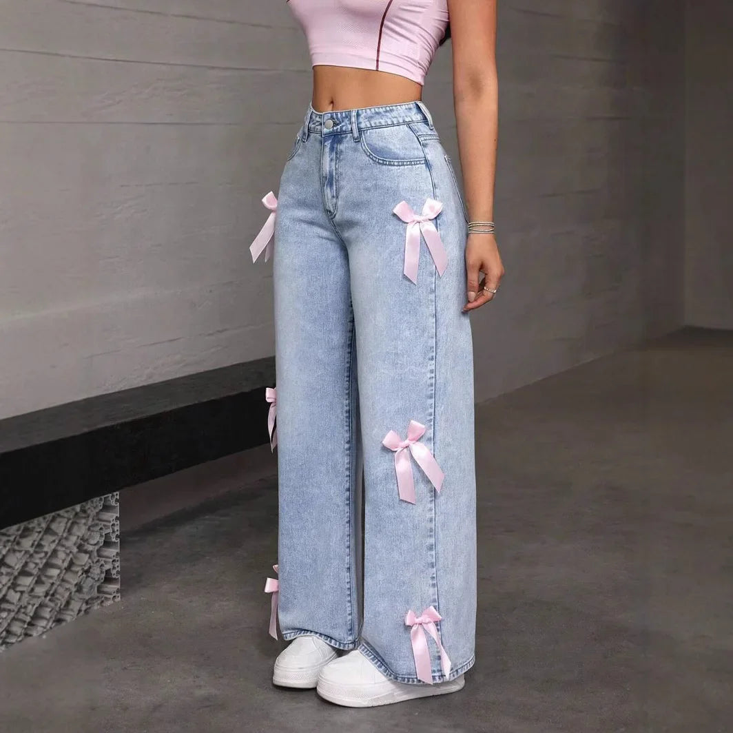 Women's Bow Washed Wide Leg Jeans