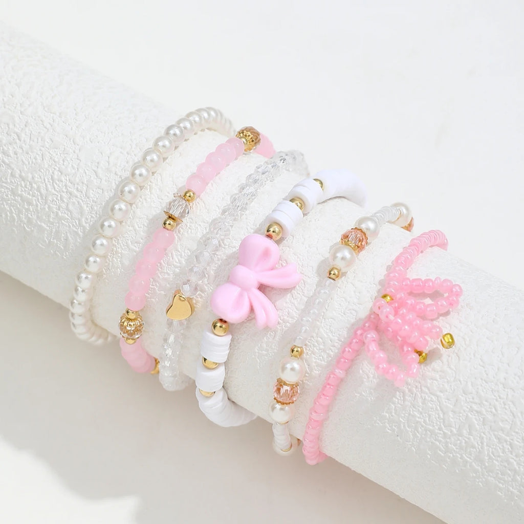 Women's Pearl & Bow Beaded Bracelet Set (6 Pieces)