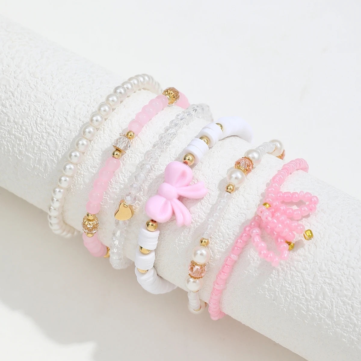 Women's Pearl & Bow Beaded Bracelet Set (6 Pieces)